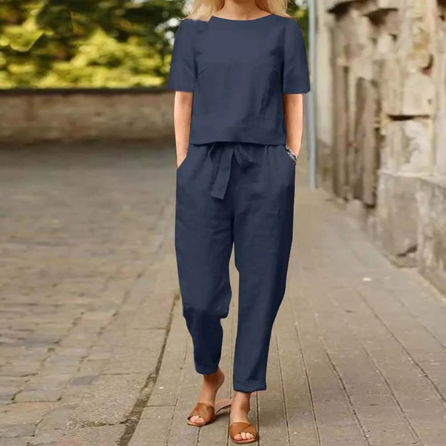 2 Piece Outfits for Women Summer Cotton Linen Casual Matching Set Short Sleeve T Shirts and Capri Pants with Pockets