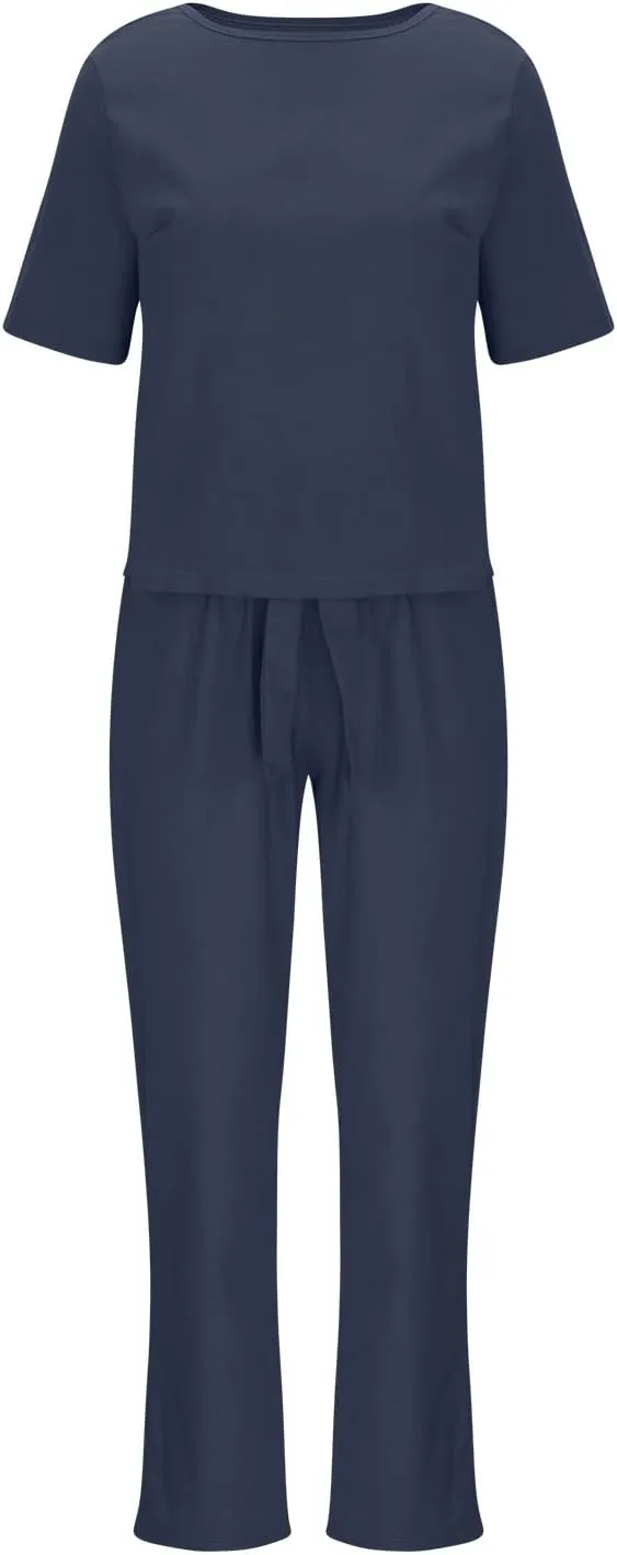 2 Piece Outfits for Women Summer Cotton Linen Casual Matching Set Short Sleeve T Shirts and Capri Pants with Pockets