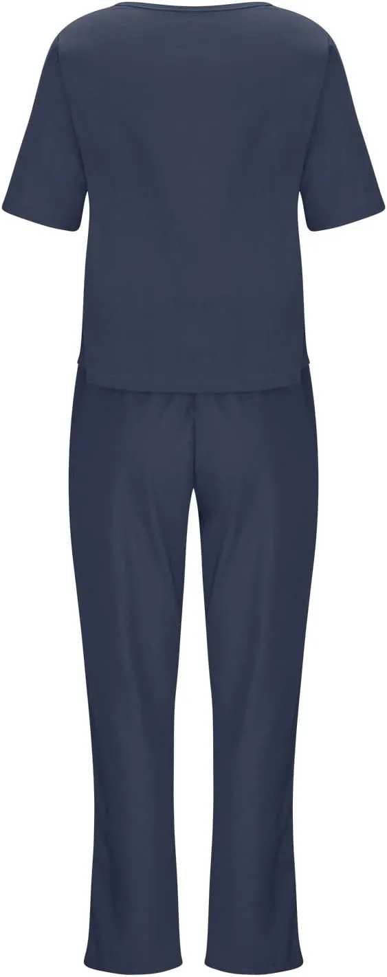 2 Piece Outfits for Women Summer Cotton Linen Casual Matching Set Short Sleeve T Shirts and Capri Pants with Pockets