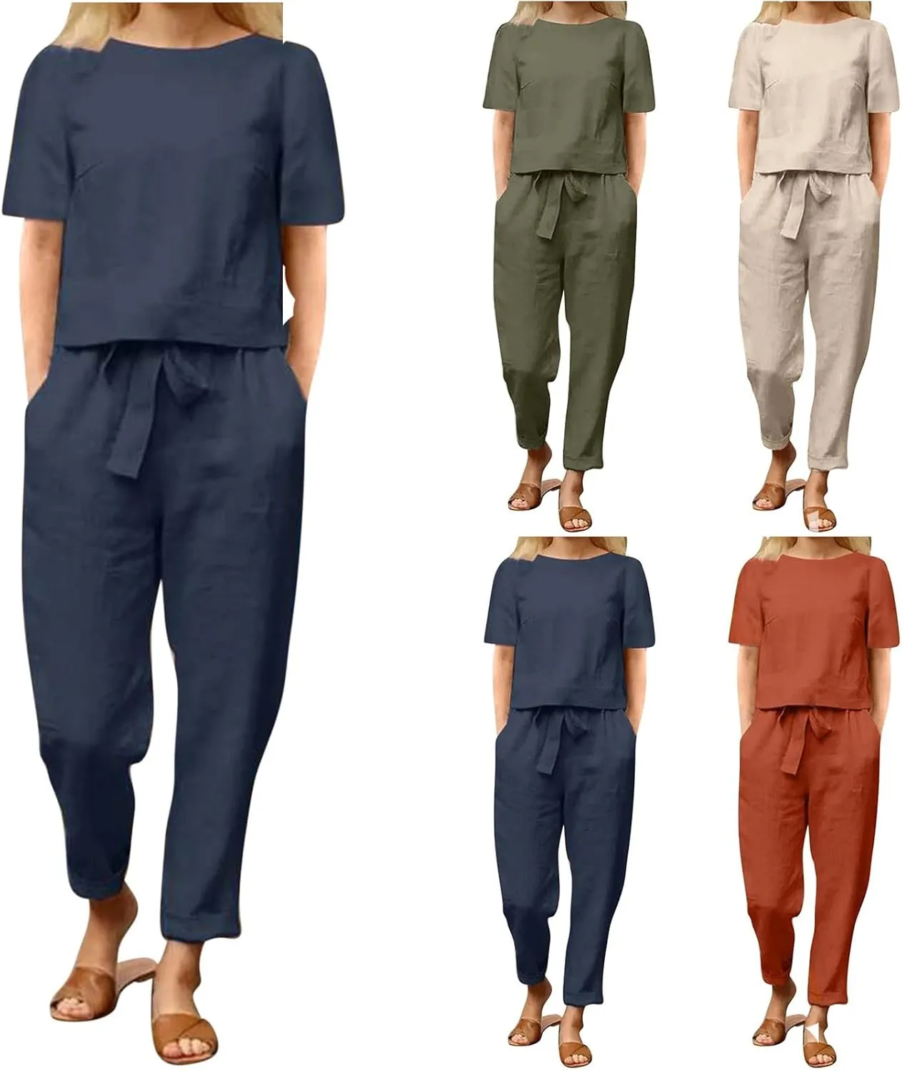 2 Piece Outfits for Women Summer Cotton Linen Casual Matching Set Short Sleeve T Shirts and Capri Pants with Pockets