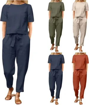 2 Piece Outfits for Women Summer Cotton Linen Casual Matching Set Short Sleeve T Shirts and Capri Pants with Pockets
