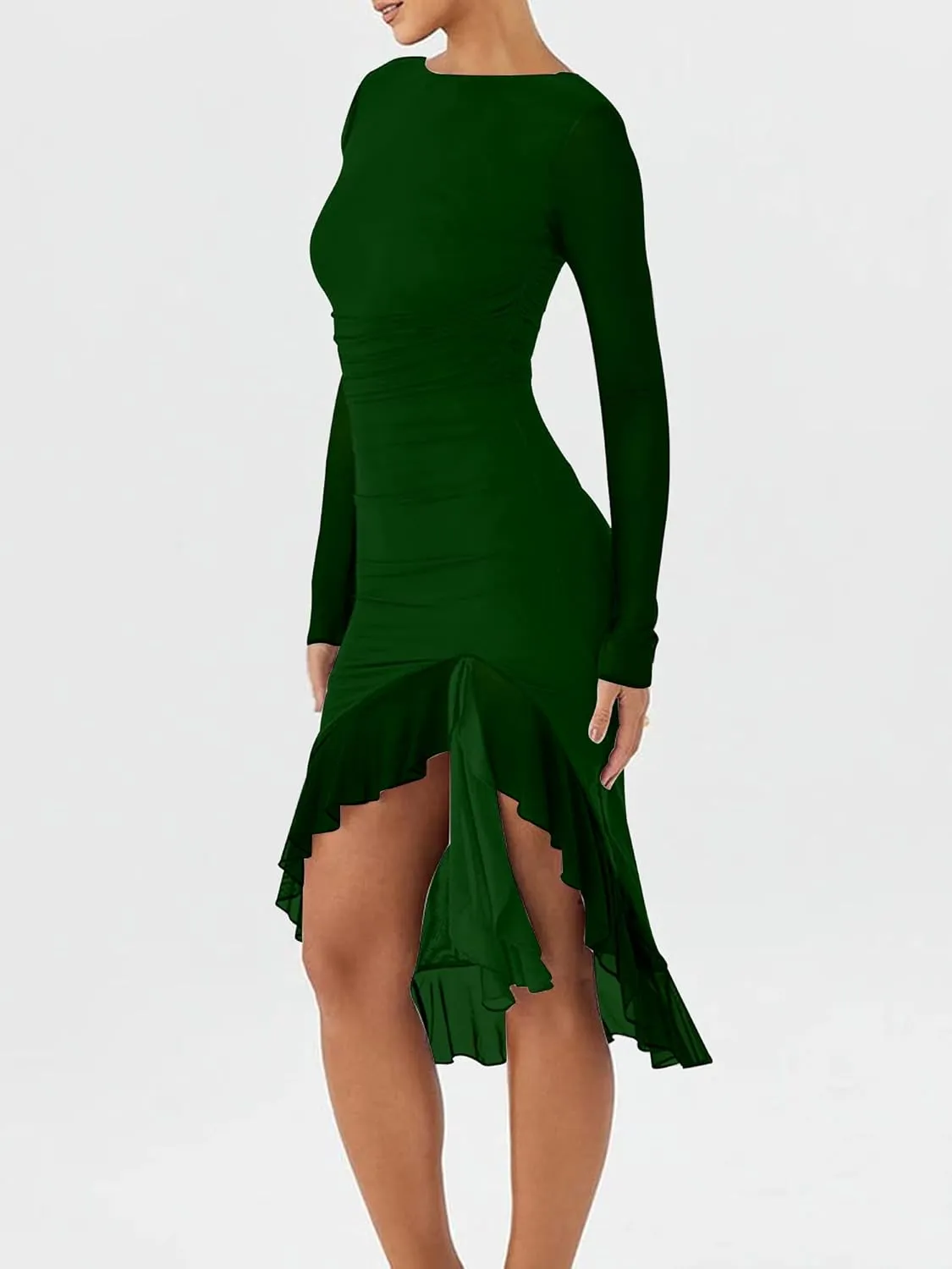 BORIFLORS Women's Sexy Ruched Bodycon Midi Dresses Elegant Mesh Long Sleeve Ruffle Hem Cocktail Party Dress