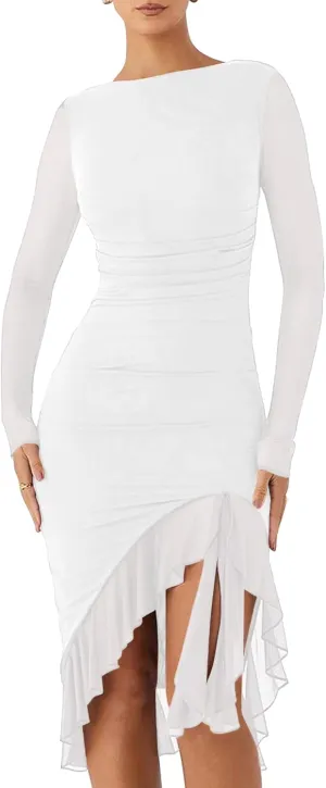 BORIFLORS Women's Sexy Ruched Bodycon Midi Dresses Elegant Mesh Long Sleeve Ruffle Hem Cocktail Party Dress