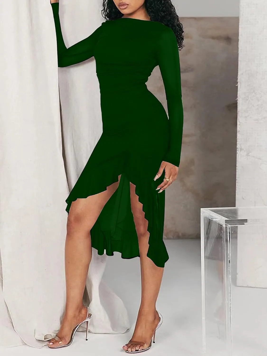 BORIFLORS Women's Sexy Ruched Bodycon Midi Dresses Elegant Mesh Long Sleeve Ruffle Hem Cocktail Party Dress