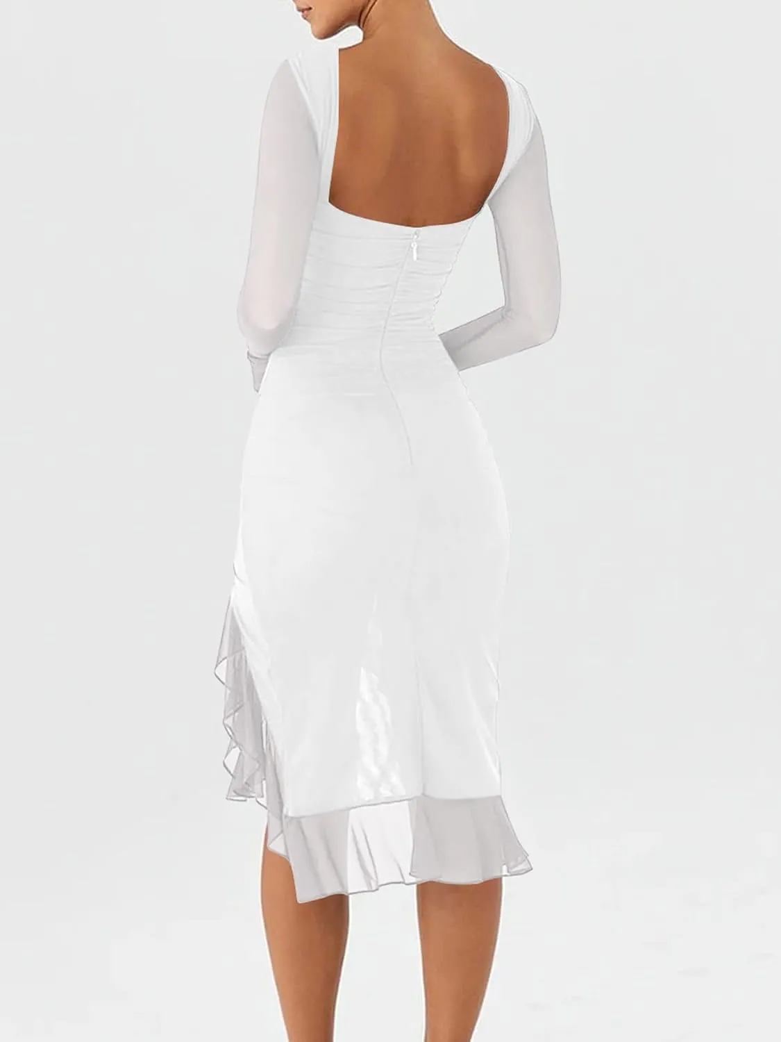 BORIFLORS Women's Sexy Ruched Bodycon Midi Dresses Elegant Mesh Long Sleeve Ruffle Hem Cocktail Party Dress