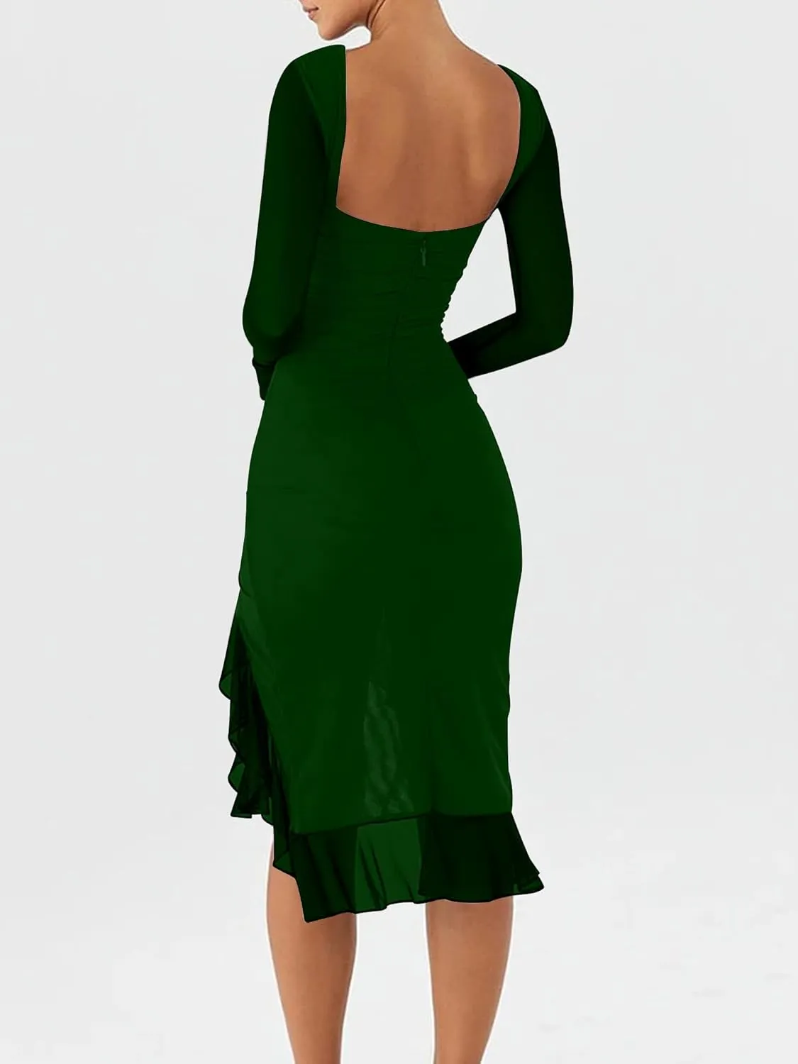 BORIFLORS Women's Sexy Ruched Bodycon Midi Dresses Elegant Mesh Long Sleeve Ruffle Hem Cocktail Party Dress