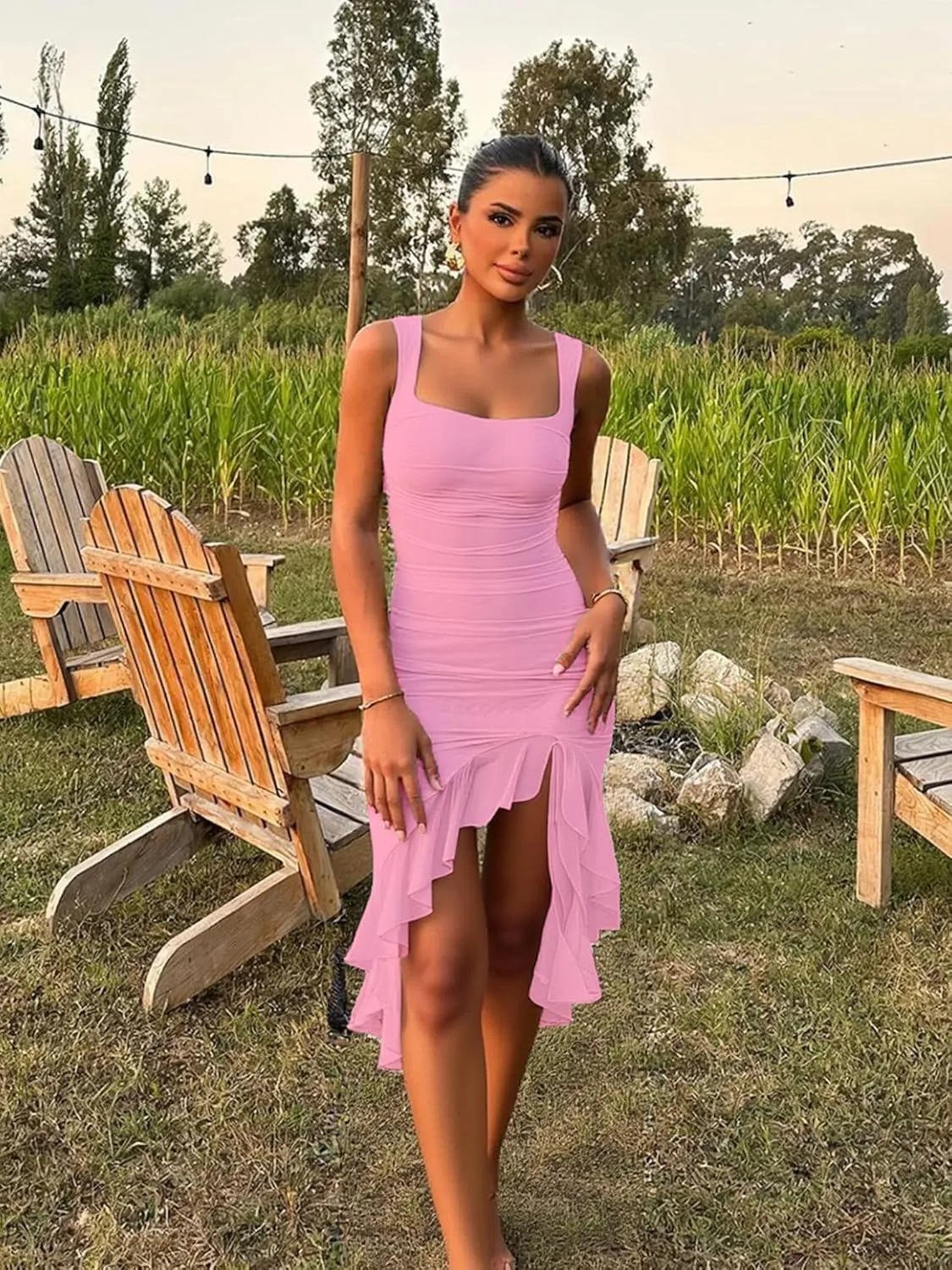 BORIFLORS Women's Sexy Ruched Bodycon Midi Dresses Square Neck Sleeveless Ruffle Hem Club Party Tank Dress