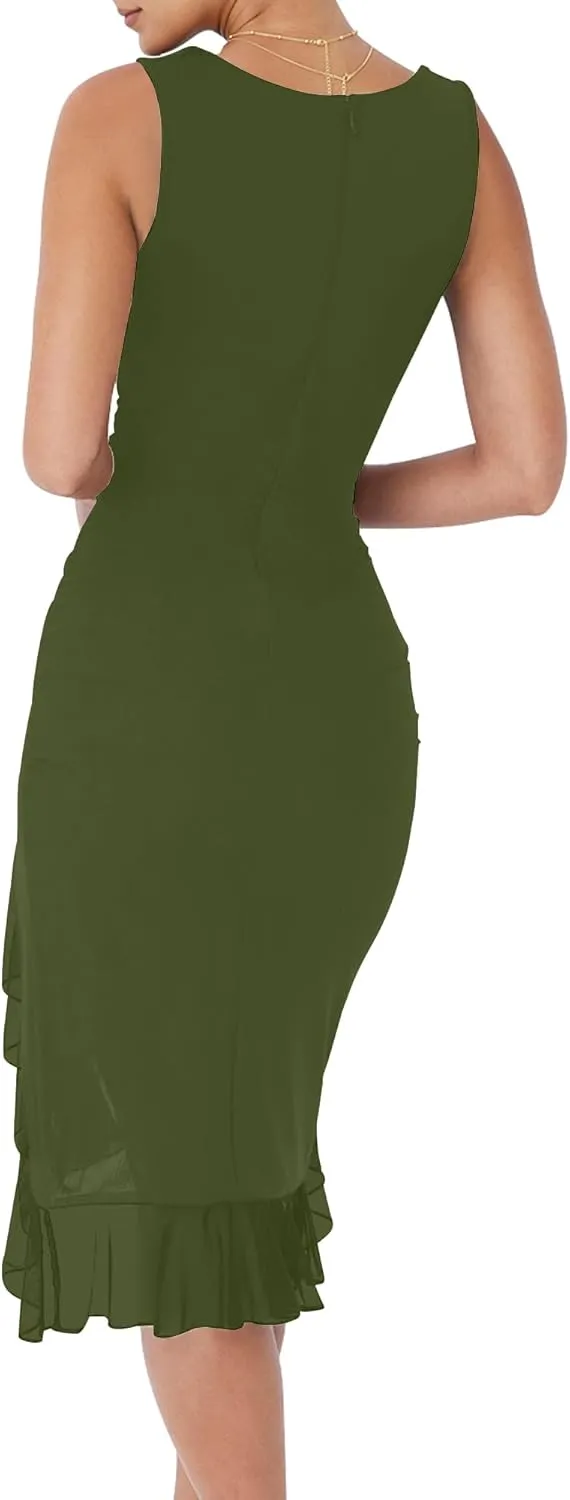 BORIFLORS Women's Sexy Ruched Bodycon Midi Dresses Square Neck Sleeveless Ruffle Hem Club Party Tank Dress