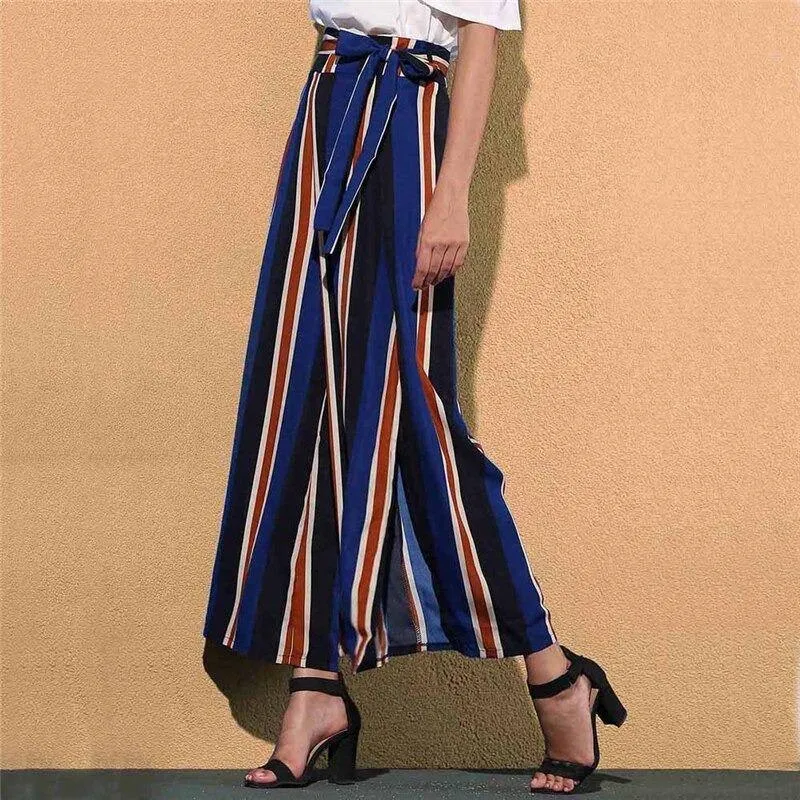 Calça Pantalona Azul Listrada c/Fendas Laterais