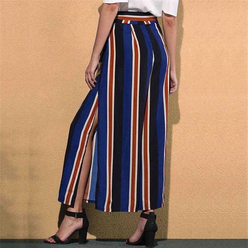 Calça Pantalona Azul Listrada c/Fendas Laterais