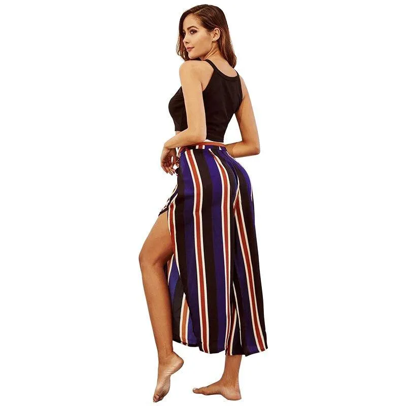 Calça Pantalona Azul Listrada c/Fendas Laterais