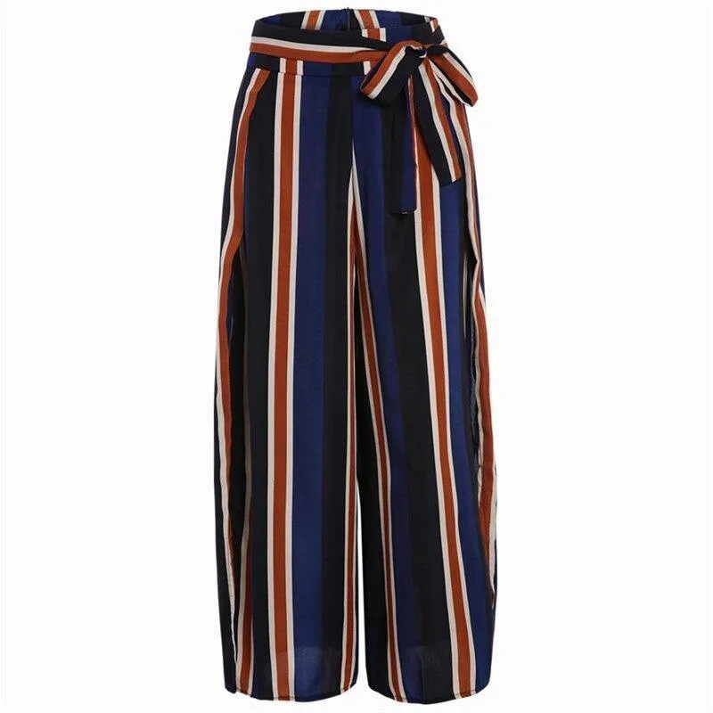 Calça Pantalona Azul Listrada c/Fendas Laterais
