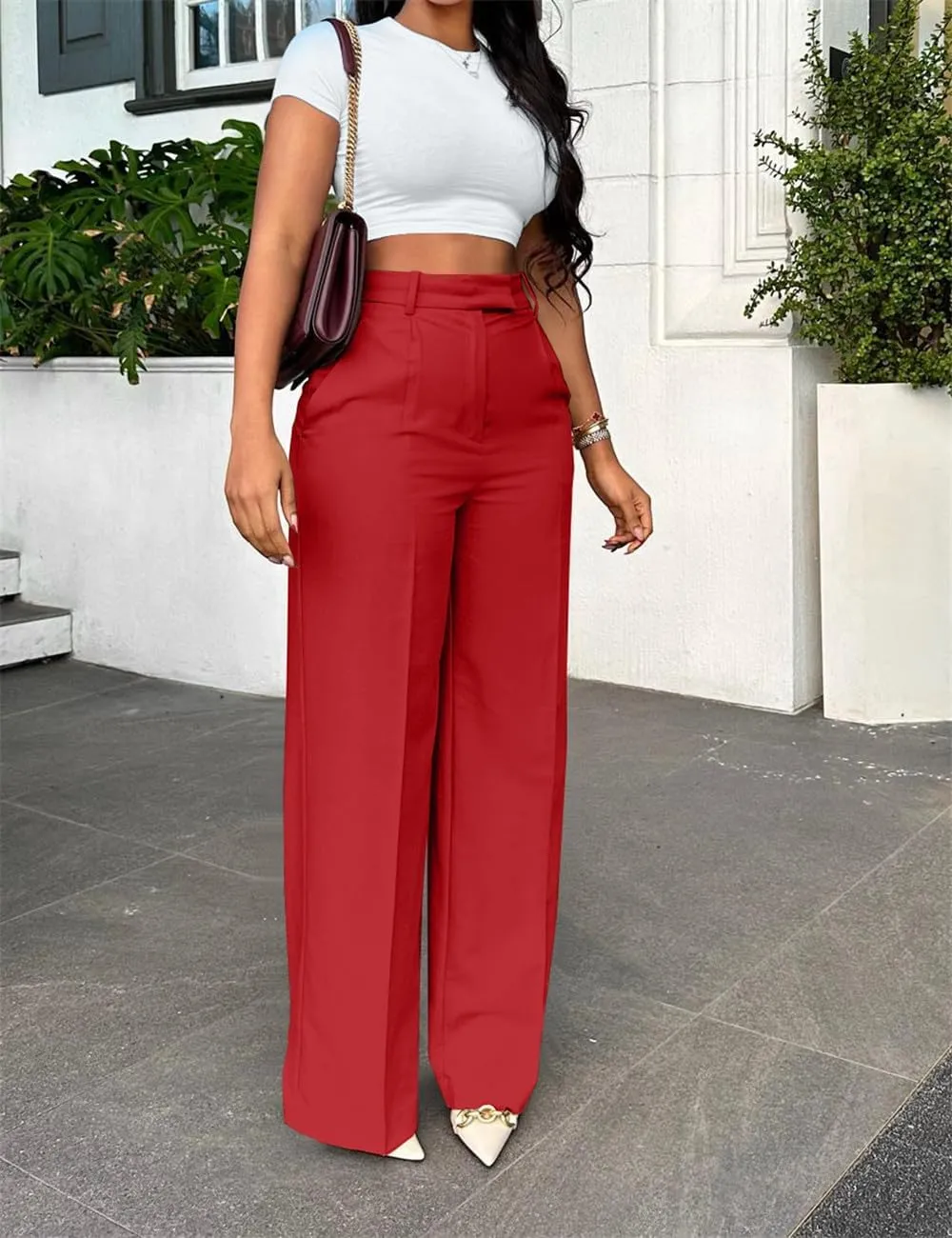 Casual Wide Leg Dress Pants Business Office Trousers with Pockets