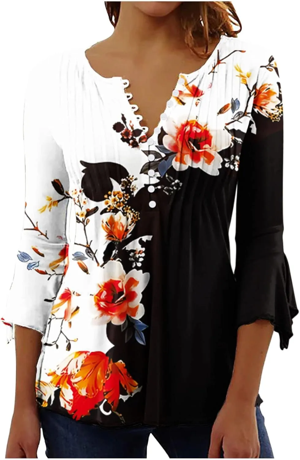 Ceboyel Womens Floral Printed Tunic Tops Button Down Henley Shirts Blouses Elbow Sleeve Casual T-Shirts Trendy Ladies Outfits