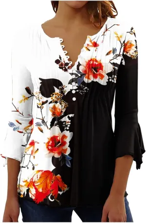 Ceboyel Womens Floral Printed Tunic Tops Button Down Henley Shirts Blouses Elbow Sleeve Casual T-Shirts Trendy Ladies Outfits