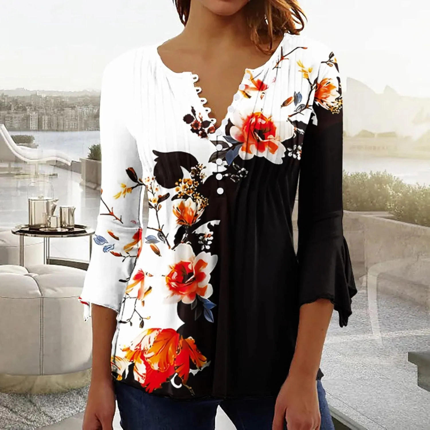 Ceboyel Womens Floral Printed Tunic Tops Button Down Henley Shirts Blouses Elbow Sleeve Casual T-Shirts Trendy Ladies Outfits