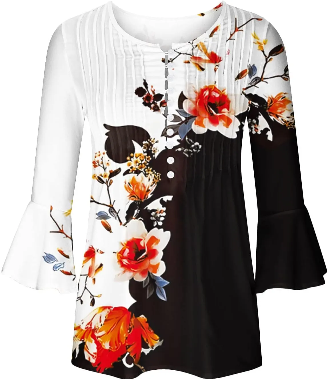 Ceboyel Womens Floral Printed Tunic Tops Button Down Henley Shirts Blouses Elbow Sleeve Casual T-Shirts Trendy Ladies Outfits