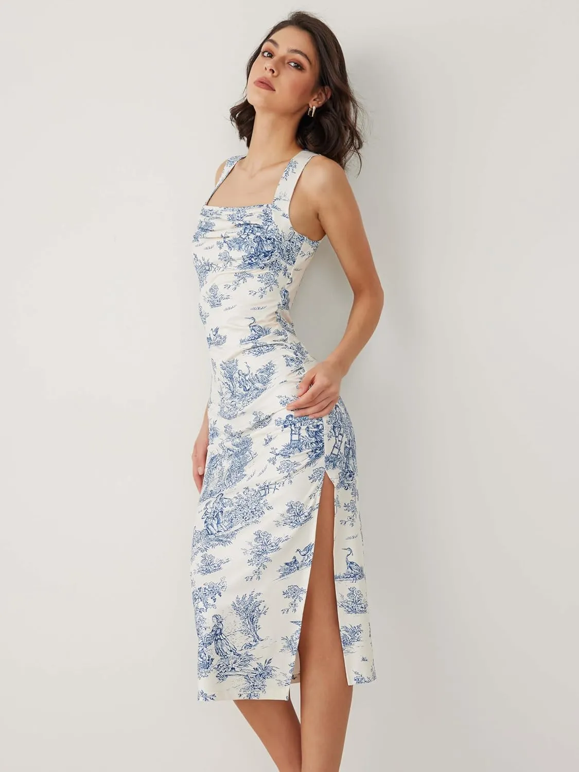 CIDER Toile de Jouy Ruched Split Maxi Dress