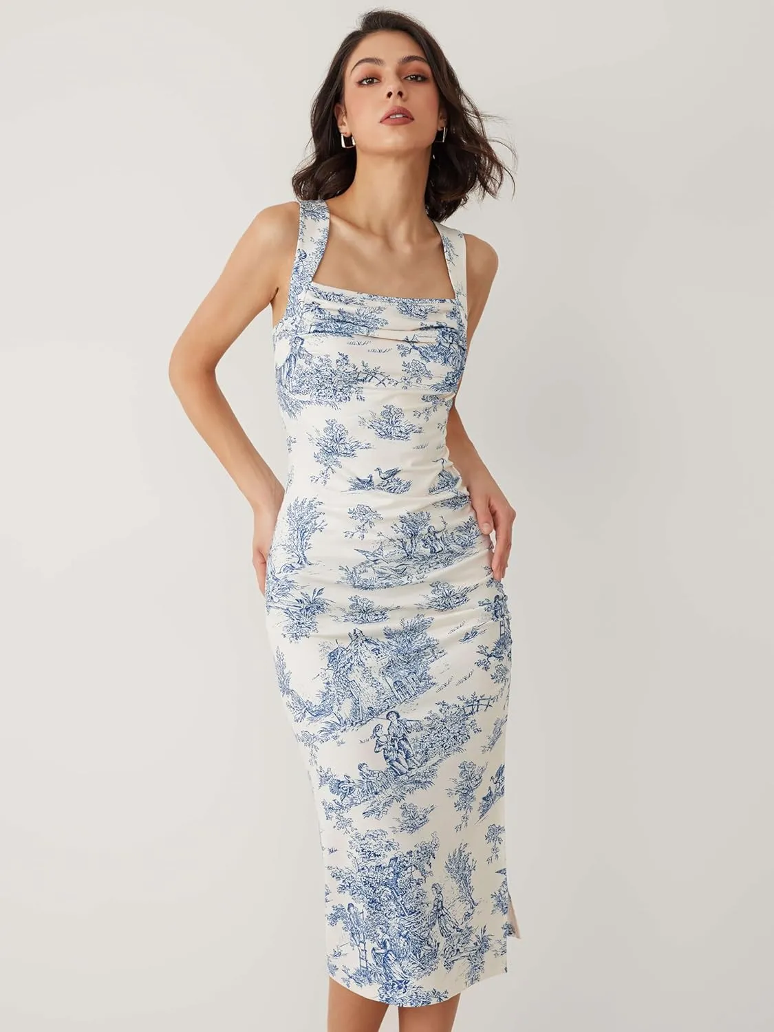 CIDER Toile de Jouy Ruched Split Maxi Dress