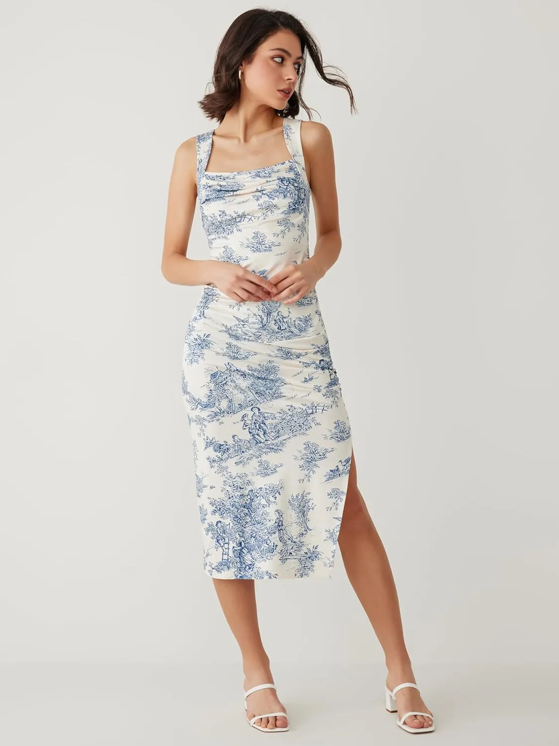 CIDER Toile de Jouy Ruched Split Maxi Dress