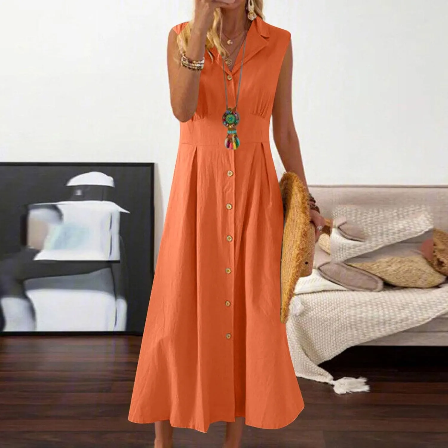 Cotton Linen Dresses for Women 2025 Lightweight Sleeveless Button Down Dresses Summer Drop Waist Work Dress