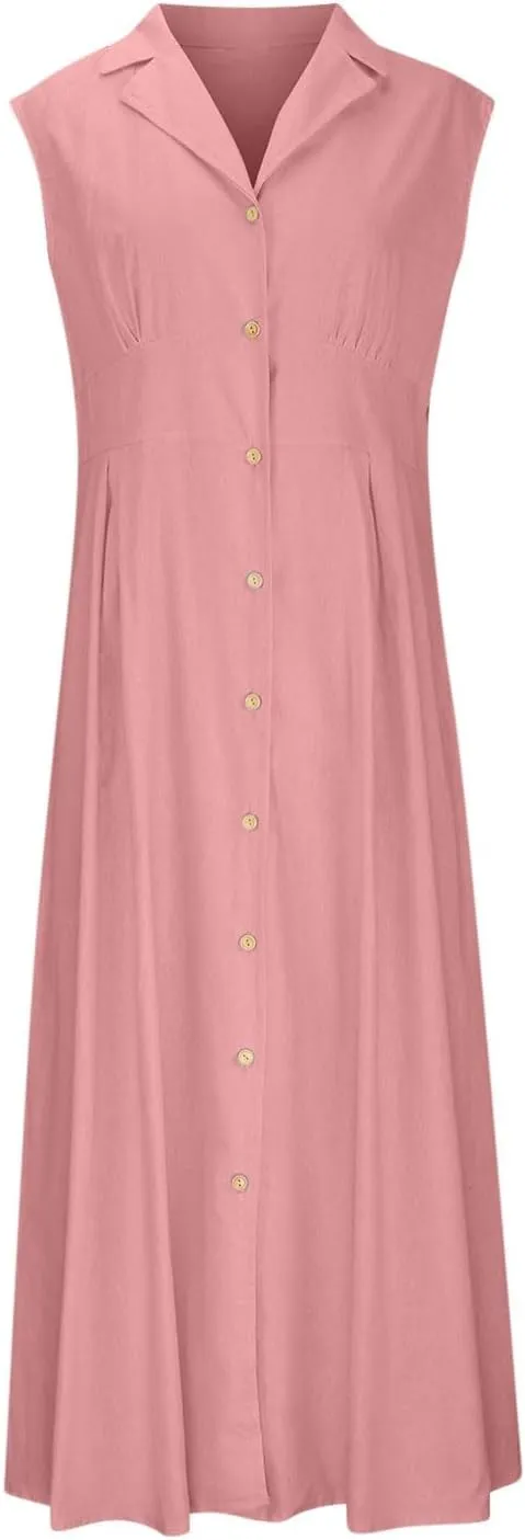 Cotton Linen Dresses for Women 2025 Lightweight Sleeveless Button Down Dresses Summer Drop Waist Work Dress