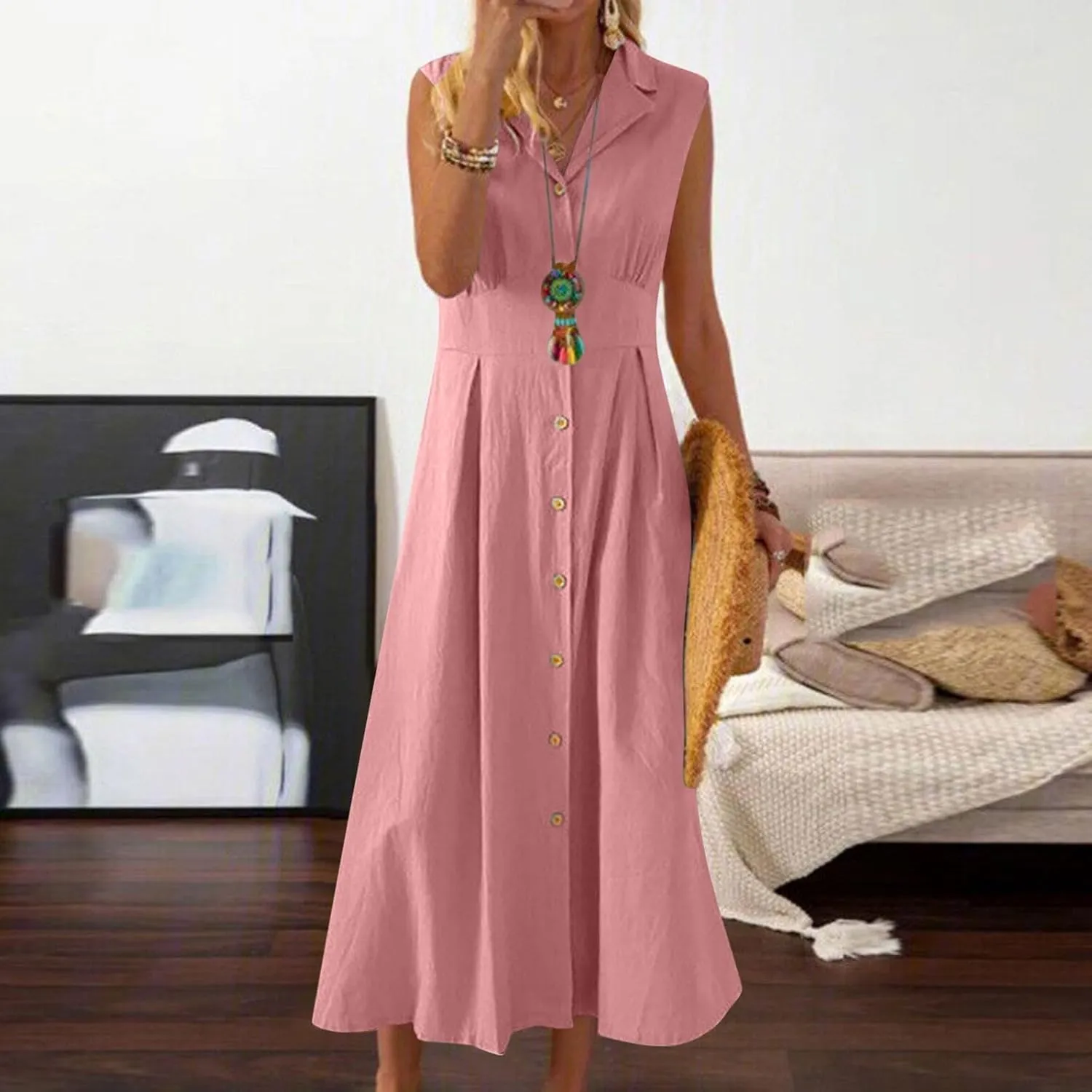 Cotton Linen Dresses for Women 2025 Lightweight Sleeveless Button Down Dresses Summer Drop Waist Work Dress