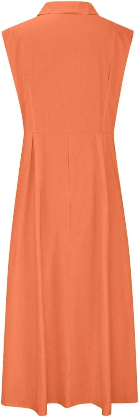 Cotton Linen Dresses for Women 2025 Lightweight Sleeveless Button Down Dresses Summer Drop Waist Work Dress