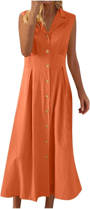 Cotton Linen Dresses for Women 2025 Lightweight Sleeveless Button Down Dresses Summer Drop Waist Work Dress