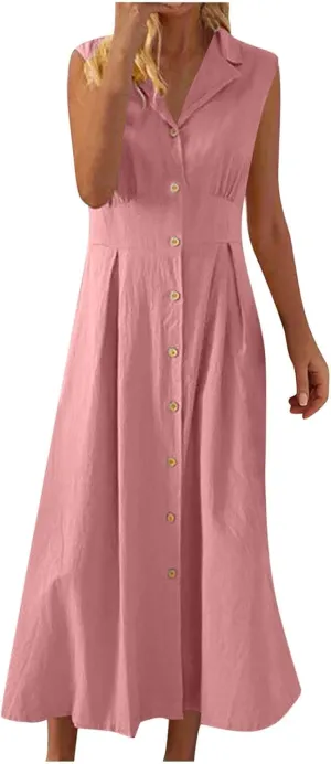 Cotton Linen Dresses for Women 2025 Lightweight Sleeveless Button Down Dresses Summer Drop Waist Work Dress