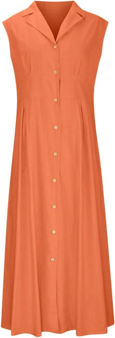 Cotton Linen Dresses for Women 2025 Lightweight Sleeveless Button Down Dresses Summer Drop Waist Work Dress
