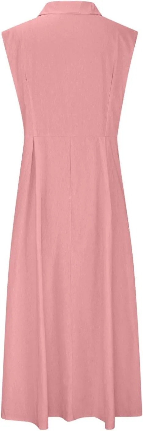 Cotton Linen Dresses for Women 2025 Lightweight Sleeveless Button Down Dresses Summer Drop Waist Work Dress