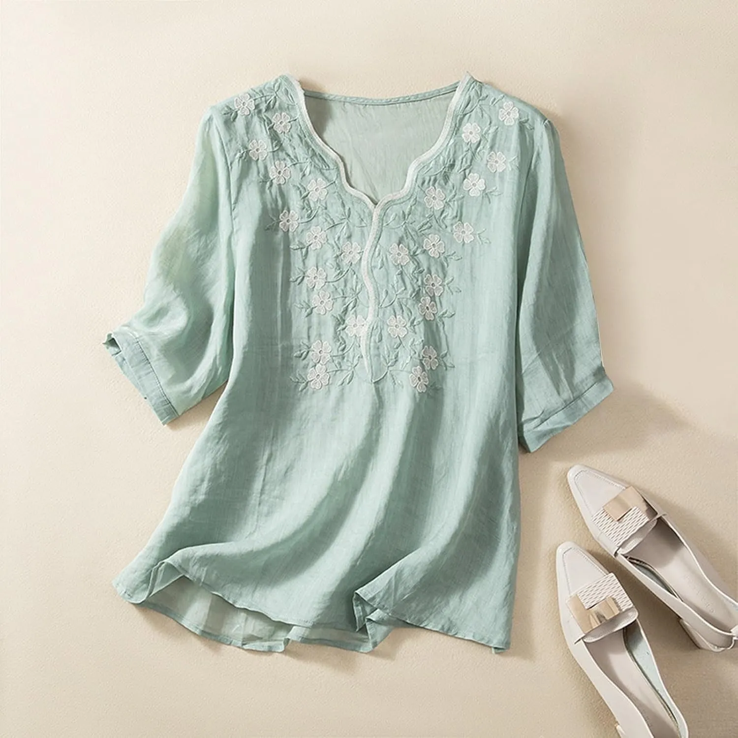 Cotton Linen Shirts for Women 2025 Trendy Summer Retro Embroidered 3/4 Sleeve Boho Blouse Dressy Casual Gauze Top