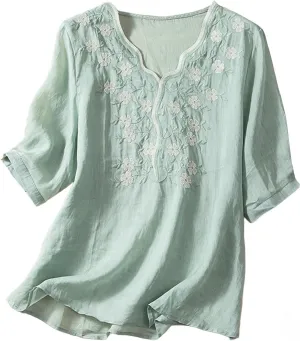Cotton Linen Shirts for Women 2025 Trendy Summer Retro Embroidered 3/4 Sleeve Boho Blouse Dressy Casual Gauze Top
