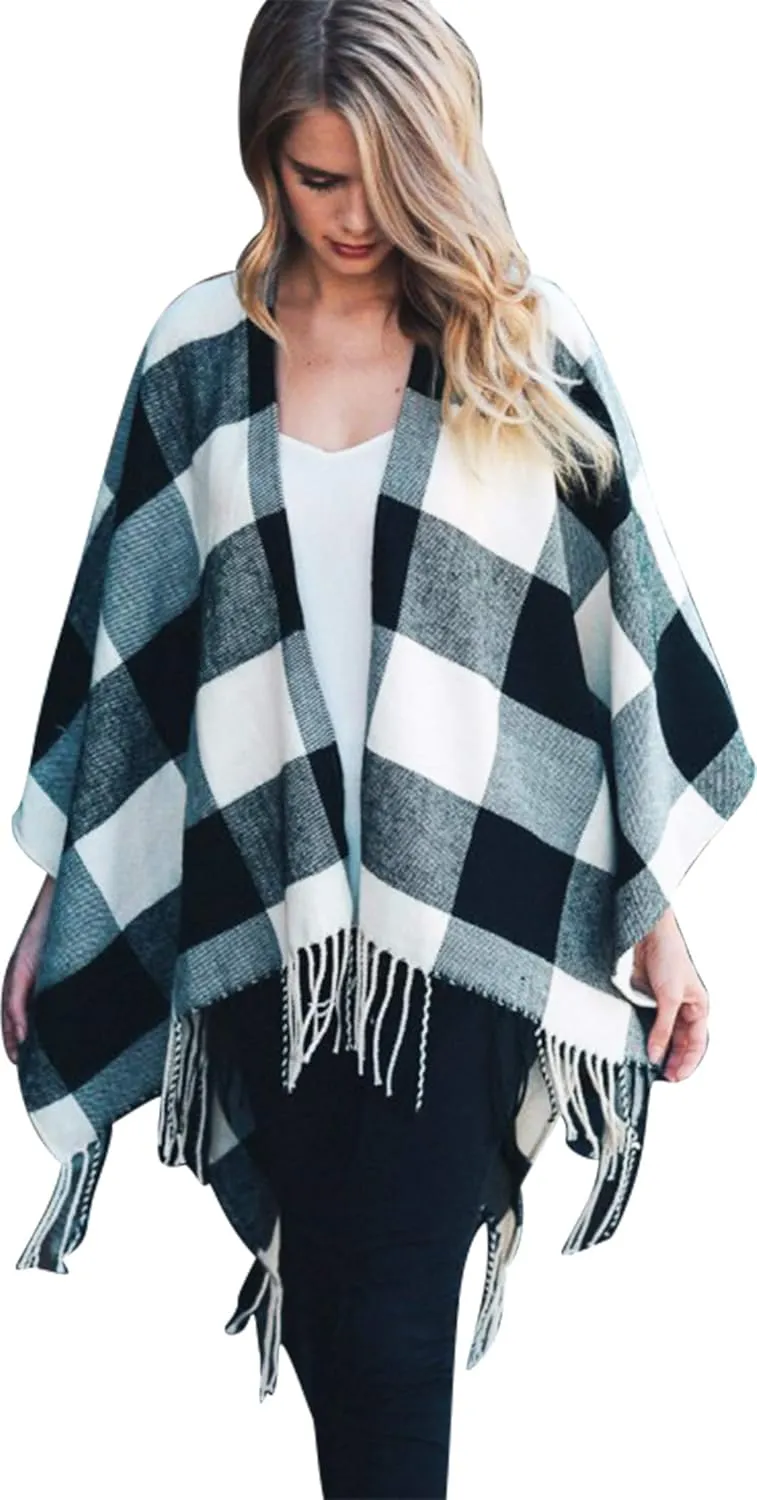 Daisy Del Sol Woven Knit Buffalo Plaid Checkered Wrap Cape Cardigan Ruana Oversized Blanket Sweater Poncho