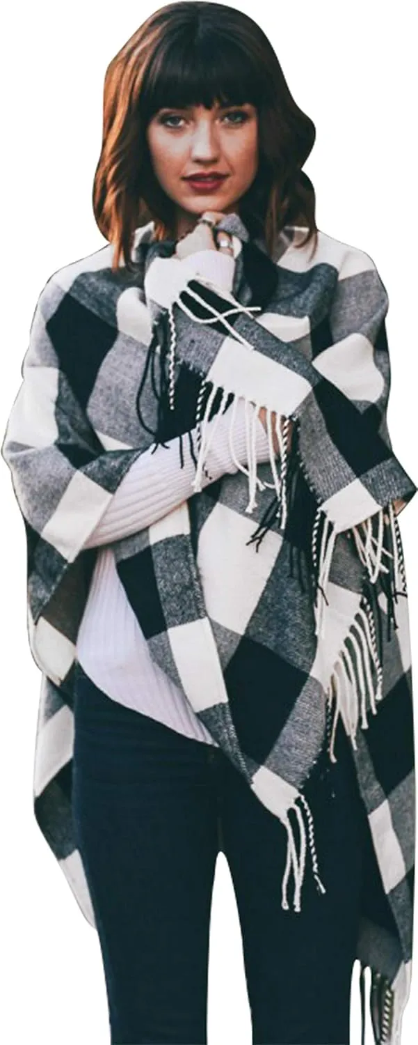 Daisy Del Sol Woven Knit Buffalo Plaid Checkered Wrap Cape Cardigan Ruana Oversized Blanket Sweater Poncho