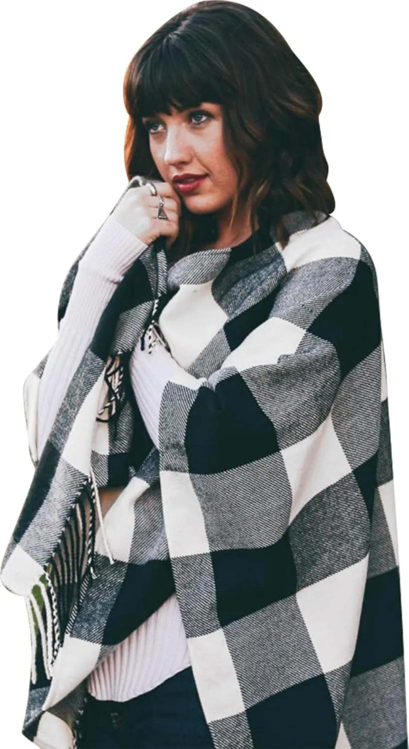 Daisy Del Sol Woven Knit Buffalo Plaid Checkered Wrap Cape Cardigan Ruana Oversized Blanket Sweater Poncho