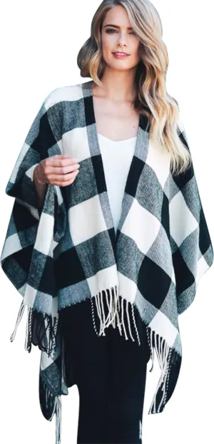 Daisy Del Sol Woven Knit Buffalo Plaid Checkered Wrap Cape Cardigan Ruana Oversized Blanket Sweater Poncho