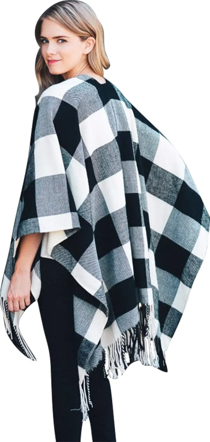 Daisy Del Sol Woven Knit Buffalo Plaid Checkered Wrap Cape Cardigan Ruana Oversized Blanket Sweater Poncho