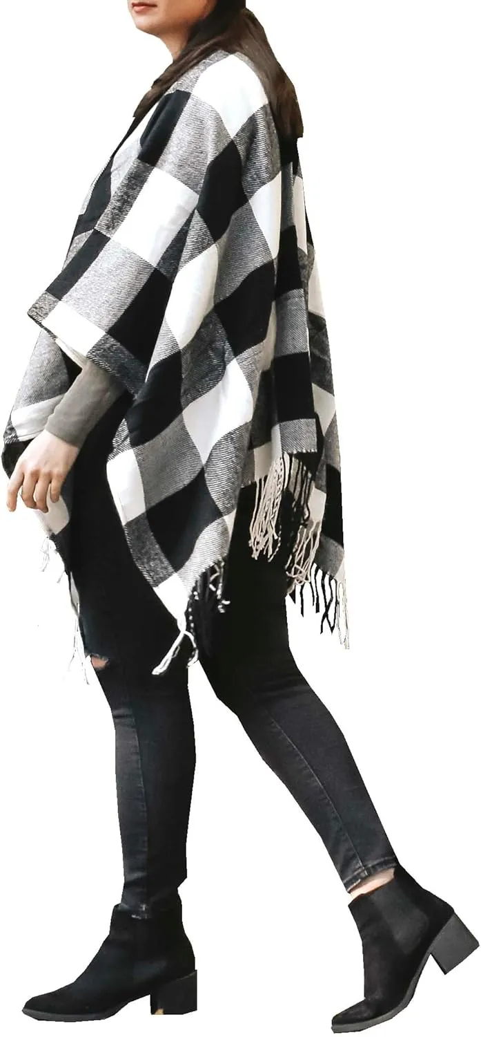 Daisy Del Sol Woven Knit Buffalo Plaid Checkered Wrap Cape Cardigan Ruana Oversized Blanket Sweater Poncho