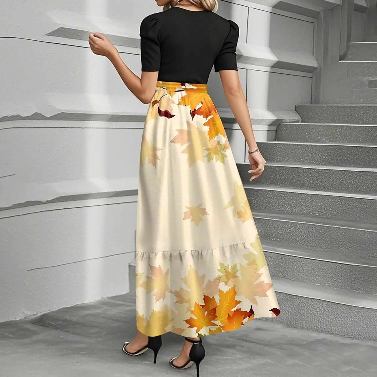 Dresses for Women 2025 Elegant Boho Tie Belted Patchwork Empire Waist Short Sleeve Modest Flowy Maxi Dress