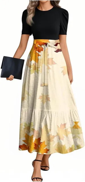 Dresses for Women 2025 Elegant Boho Tie Belted Patchwork Empire Waist Short Sleeve Modest Flowy Maxi Dress