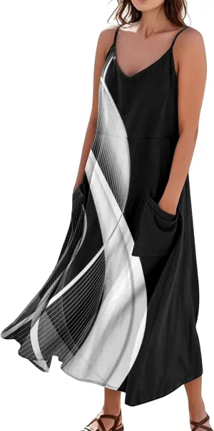 FlekmanArt Women's Summer Cotton Linen Long Maxi Dress Spaghetti Strap Sleeveless Casual Party Beach Dresses with Pockets