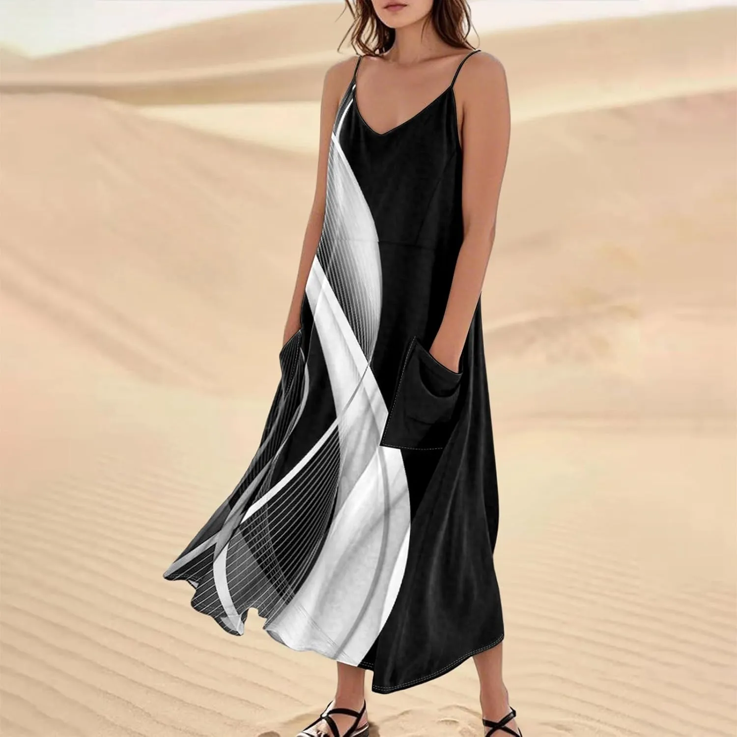 FlekmanArt Women's Summer Cotton Linen Long Maxi Dress Spaghetti Strap Sleeveless Casual Party Beach Dresses with Pockets