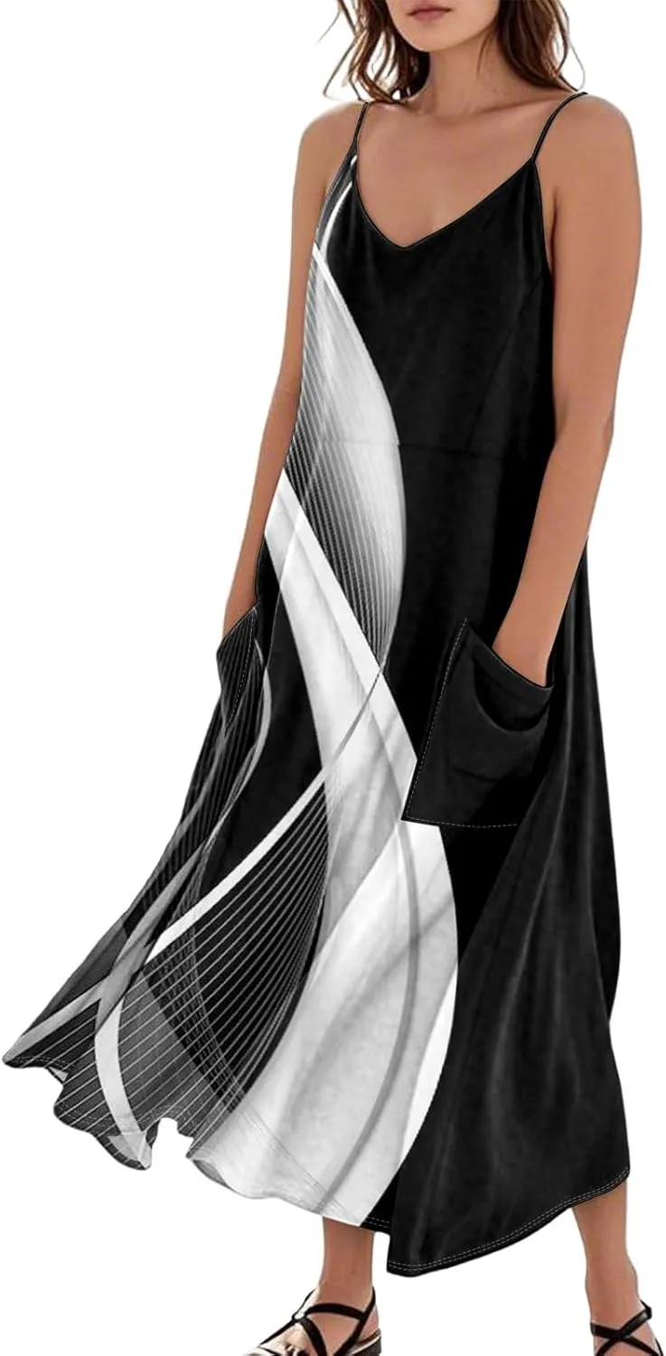 FlekmanArt Women's Summer Cotton Linen Long Maxi Dress Spaghetti Strap Sleeveless Casual Party Beach Dresses with Pockets