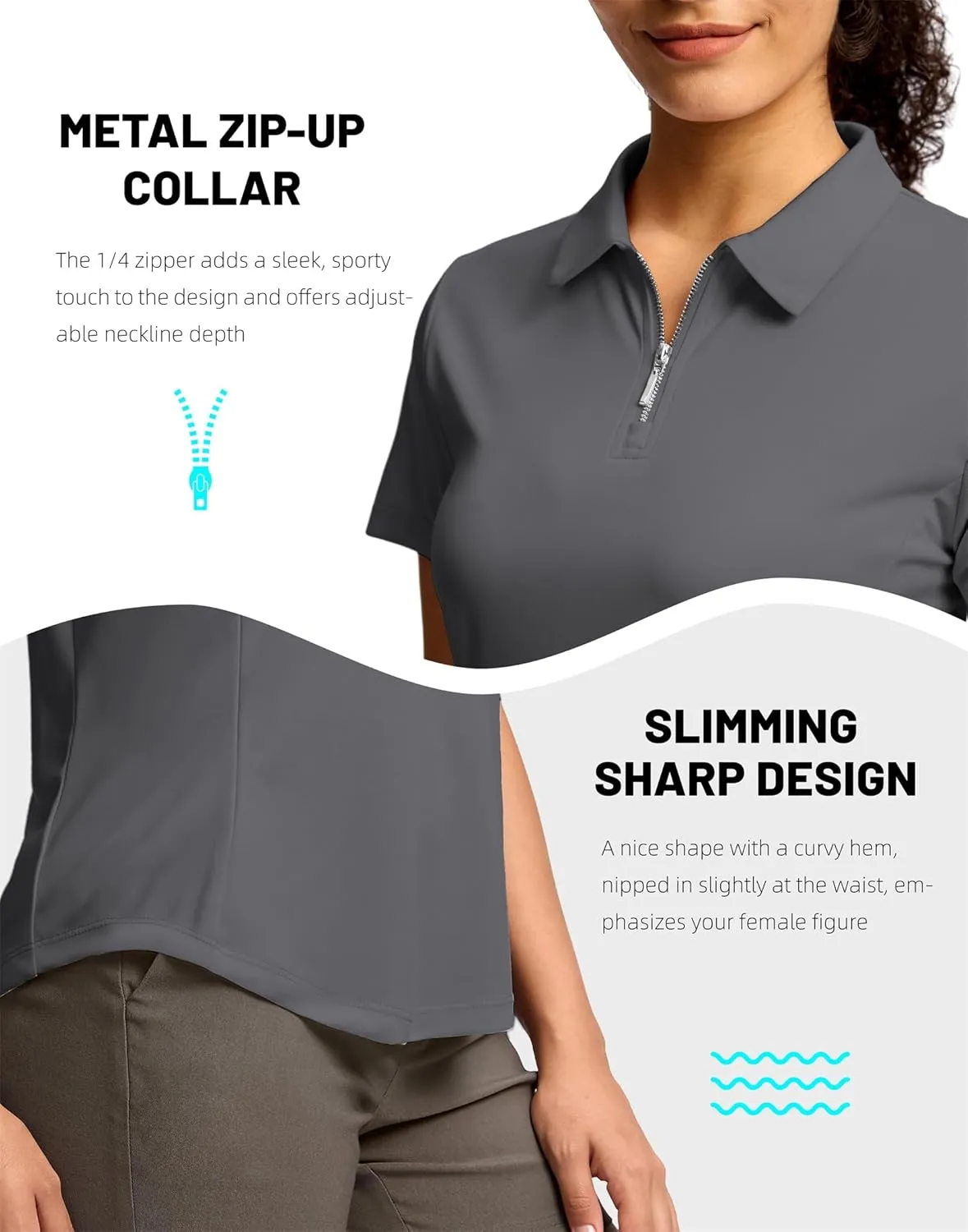 G Gradual Womens Golf Shirt Metal Zip Up Polo Short Sleeve Tennis Work Athletic Collared Top Quick Dry Lightweight