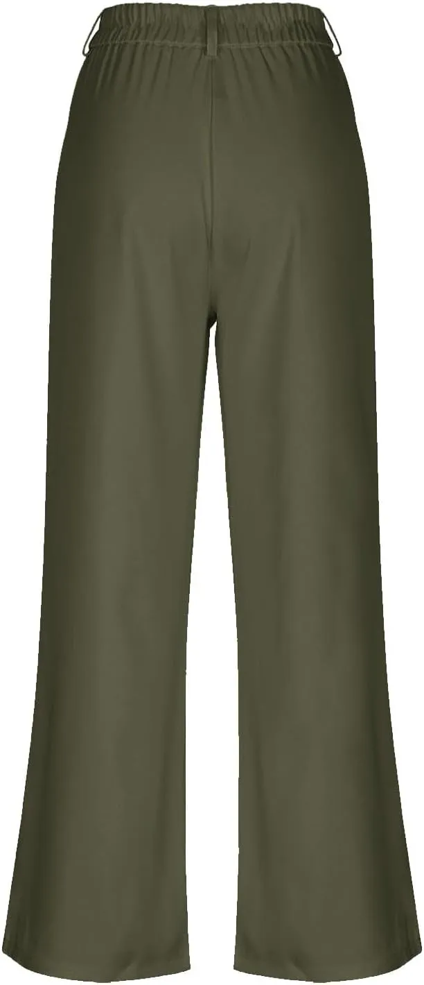 Girls Linen Palazzo High Elastic Waist Casual Trousers Straight Wide Leg Pants Business Lounge Y2k