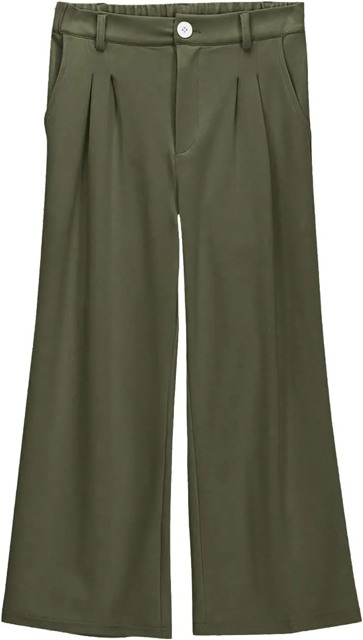 Girls Linen Palazzo High Elastic Waist Casual Trousers Straight Wide Leg Pants Business Lounge Y2k