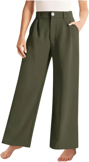 Girls Linen Palazzo High Elastic Waist Casual Trousers Straight Wide Leg Pants Business Lounge Y2k
