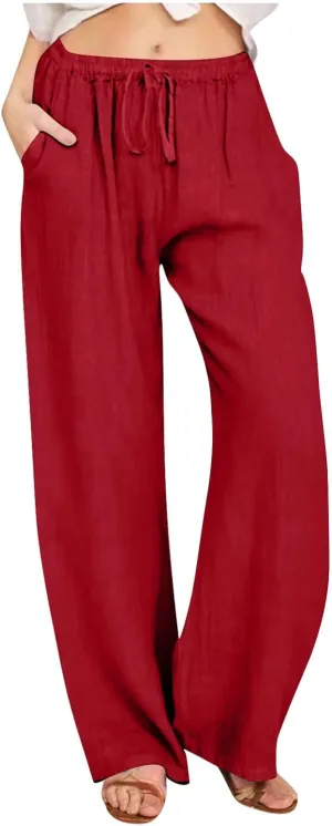 hlysgo Cotton Linen Pants Women High Waist Drawstring Wide Leg Casual Pants 2025 Summer Loose Comfy Beach Pants with Pockets